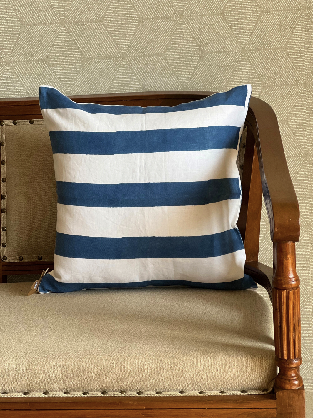 Blue linen cushion cover with stripes, 45cm size, made of soft, durable linen fabric