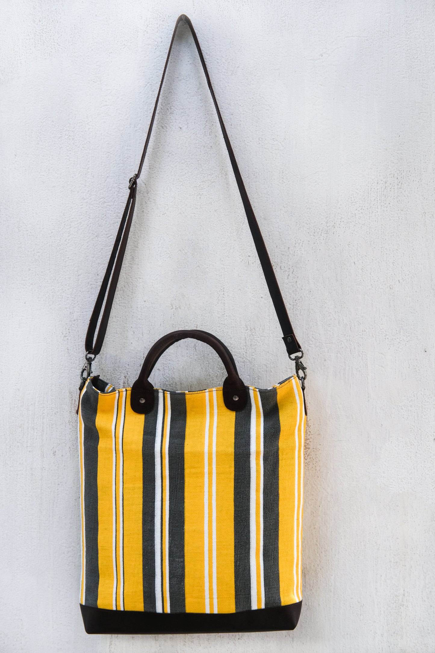 The Striped Forager Bag – Handwoven Striped Tote for Beach & Market - Yellow on Grey