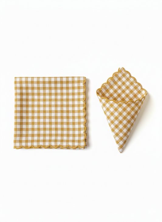 Handblocked Checked Linen Napkin with Embroidery Detailing (Set of 2)