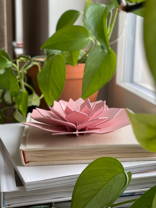 A pink origami paper flower arranged on top of a beige textured book, which is stacked on other books. The scene is framed by green houseplant leaves in the foreground and background, with soft natural light coming from a window.