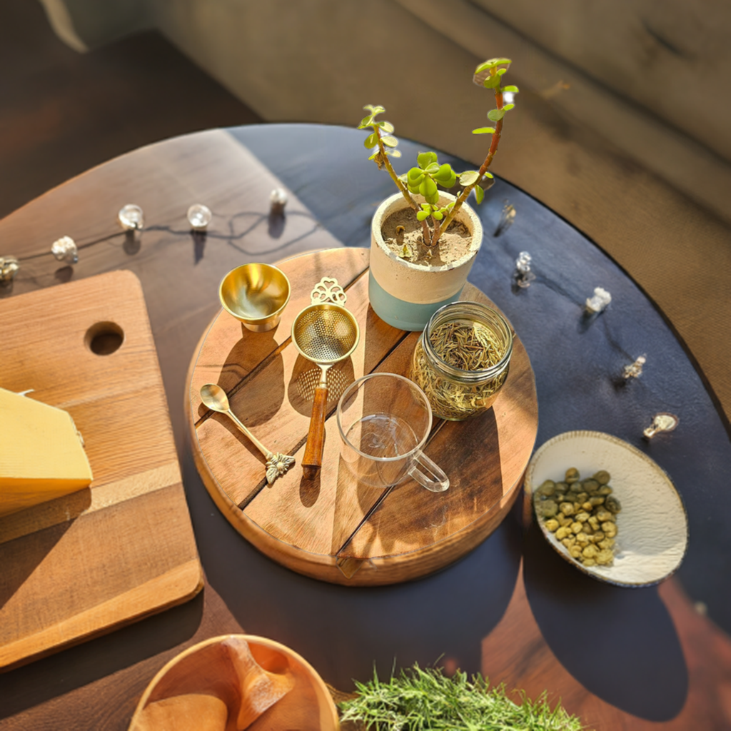 tea strainer brass, used as table decor product on a sunny wamr afternoon