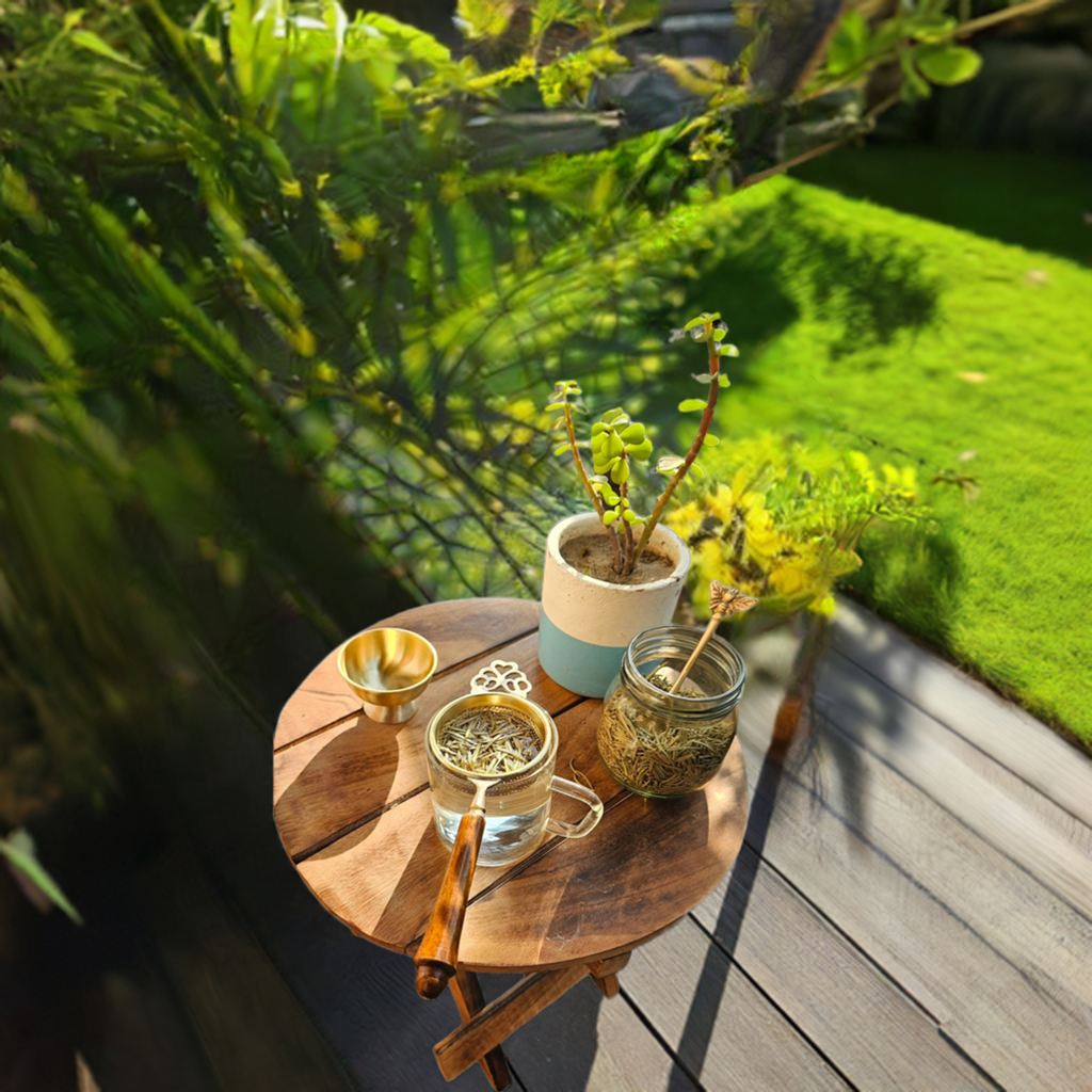 tea strainer brass, used as table decor product on a sunny wamr afternoon