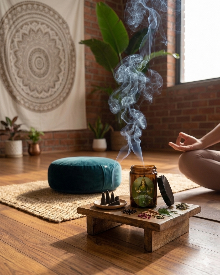 Person meditating with a incense cone burning and green cushion in a room with plants and a mandala tapestry.