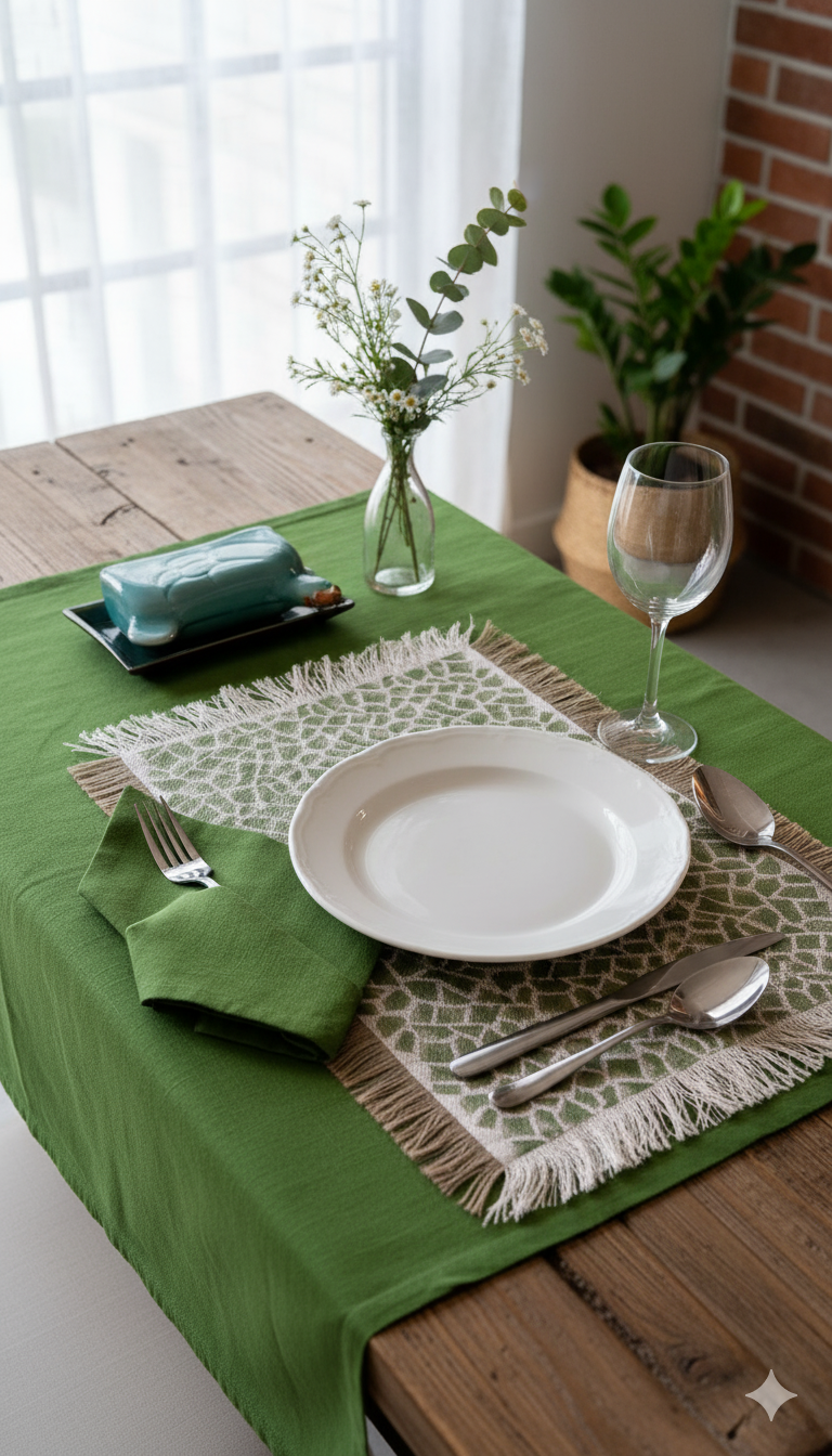 Dining table setting with green tablecloth, white plate, silverware, and decorative elements.