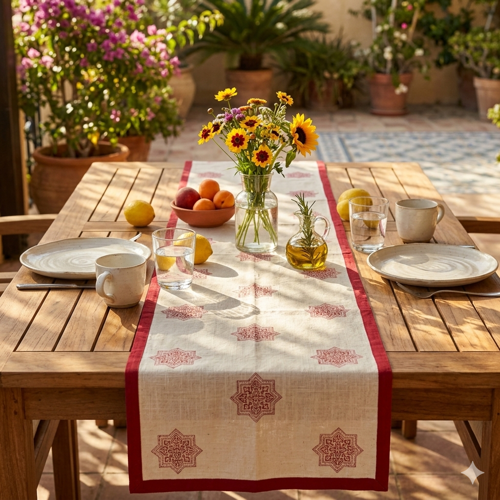 Outdoor table setting with a floral centerpiece, tablecloth, and outdoor decor.
