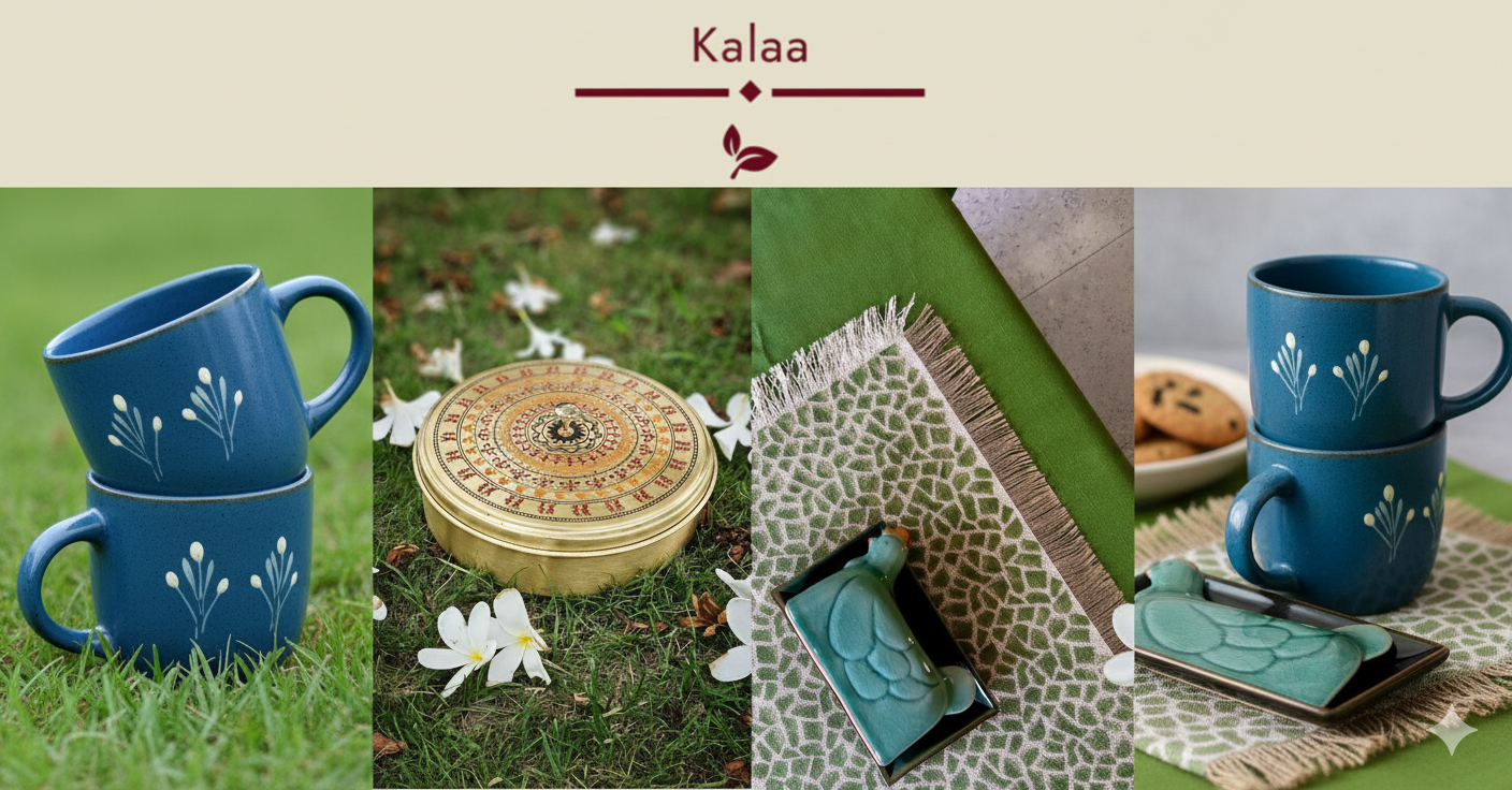 En elegant fremstilling av eksklusive håndlagde produkter, inkludert en keramikkvase, et tekstil og et messingsmykke.