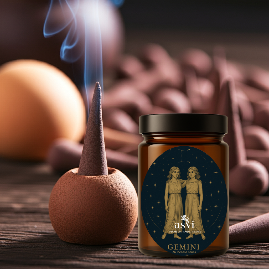 A collection of Zodiac-themed incense packaging with hand-rolled sticks and astrological symbols.