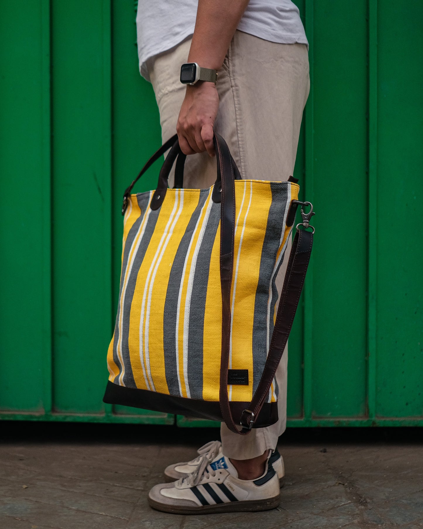 The Striped Forager Bag – Handwoven Striped Tote for Beach & Market - Yellow on Grey