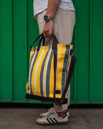 The Striped Forager Bag – Handwoven Striped Tote for Beach & Market - Yellow on Grey