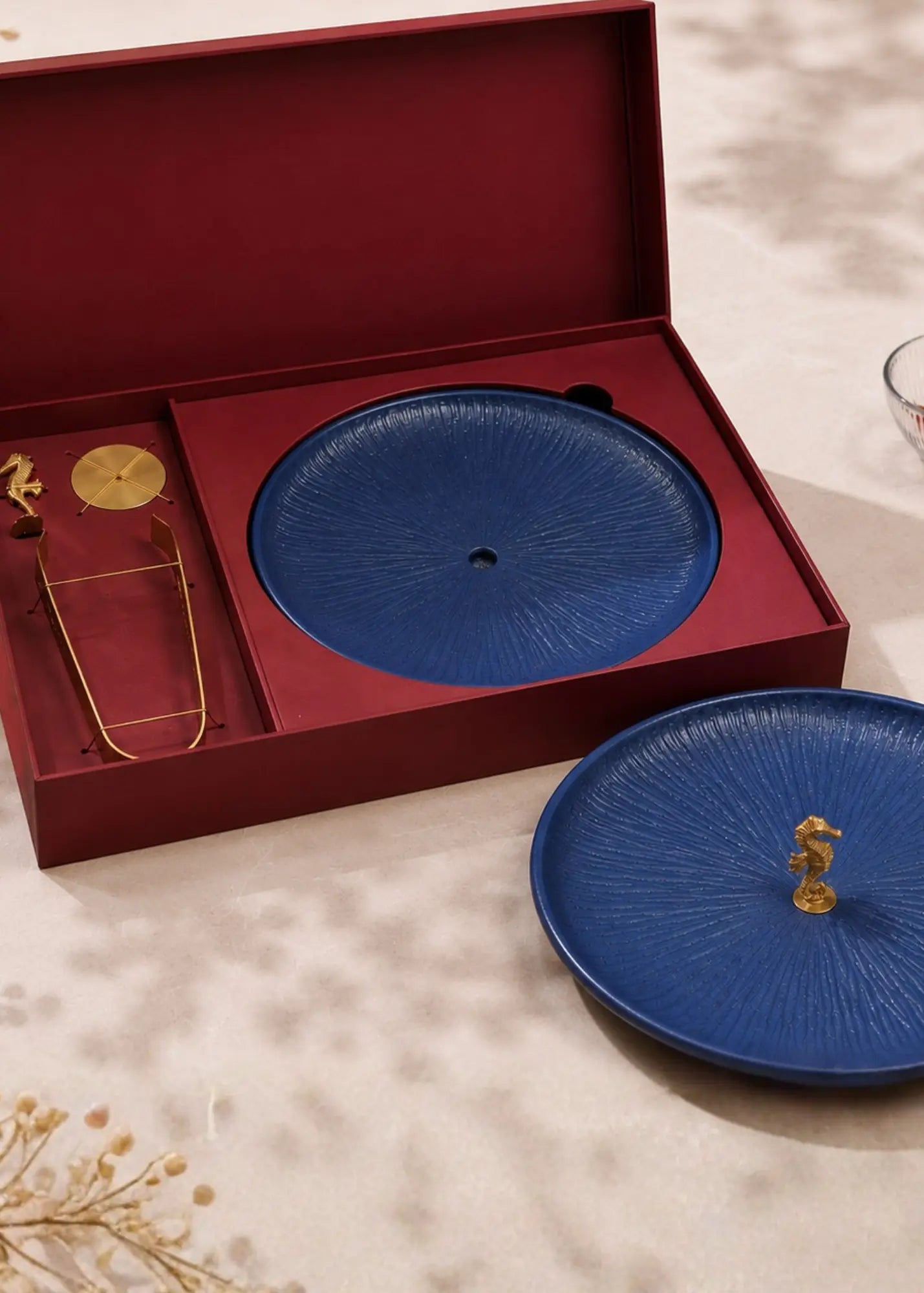 Mirissa Brass Platter Gift Set | Handcrafted Stoneware Platter with Seahorse Tong