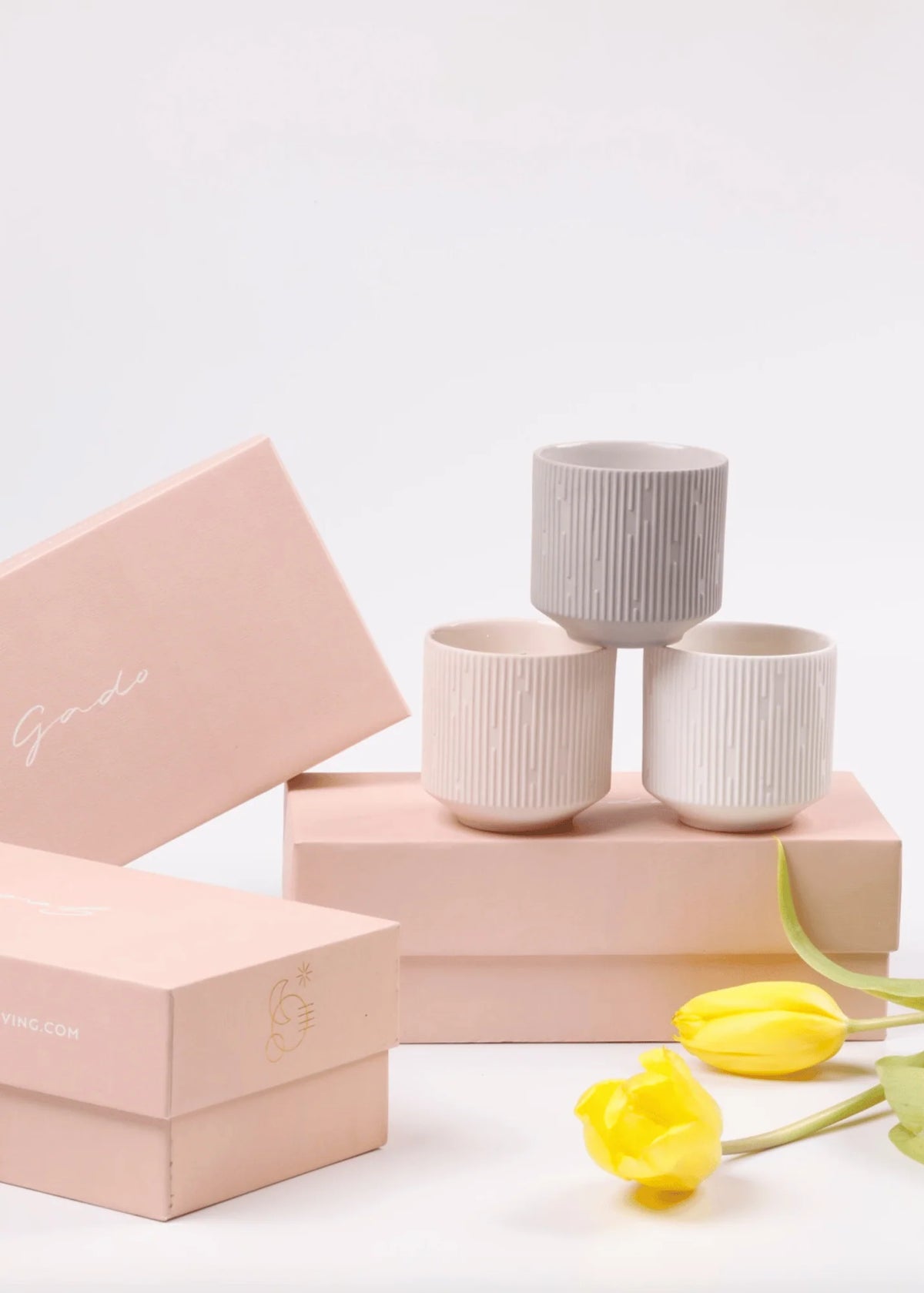 Three ribbed ceramic cups in light gray, cream, and off-white are arranged on pink gift boxes, with two yellow tulips in the foreground on a clean white background.