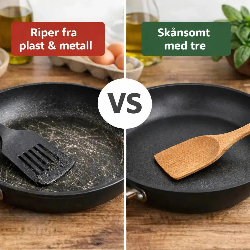 Two frying pans side by side with a spatula and wooden spoon, labeled 'Riper fra plast & metall' and 'Skänsomt med tre'.