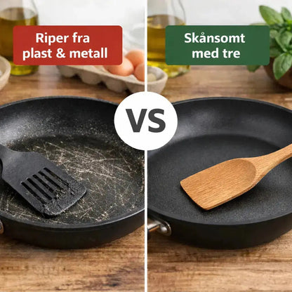 Two frying pans side by side with a spatula and wooden spoon, labeled 'Riper fra plast & metall' and 'Skänsomt med tre'.