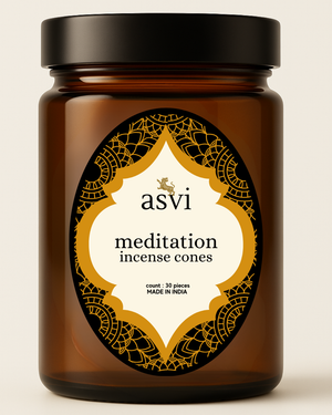 A bottle of 30 Dhyan meditation incense cones made from natural botanicals, Frankincense, and Myrrh.