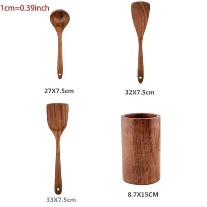 Set of wooden kitchen utensils with measurements on a white background