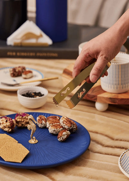Mirissa Brass Platter Gift Set | Handcrafted Stoneware Platter with Seahorse Tong