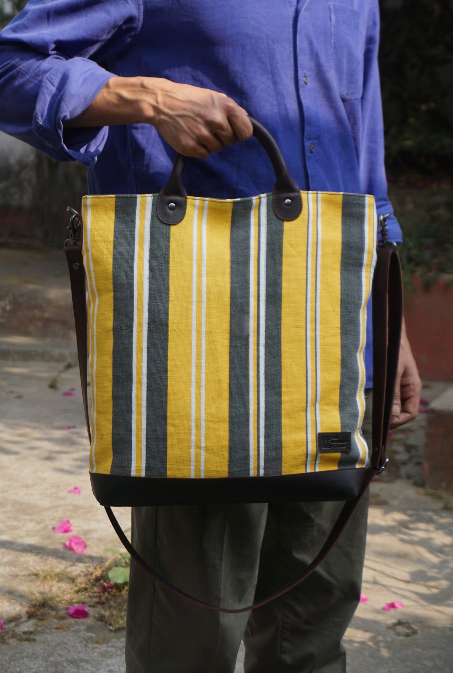 The Striped Forager Bag – Handwoven Striped Tote for Beach & Market - Yellow on Grey