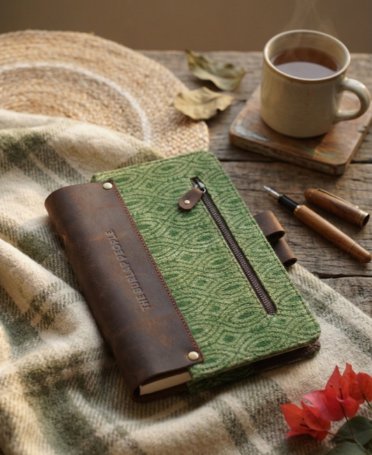 Green textured notebook with brown leather cover on a wooden surface with a cup of coffee and flowers.