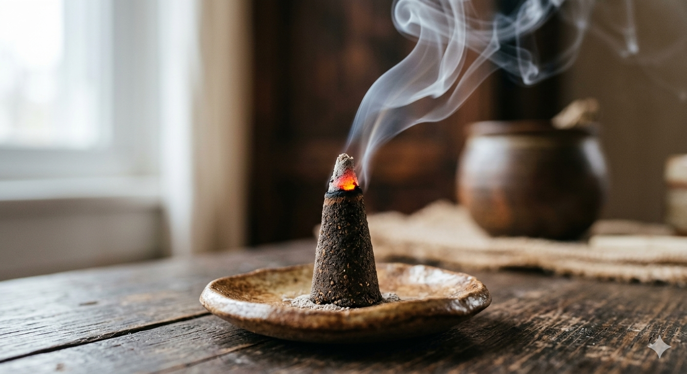 Incense cone burning on a wooden surface with smoke rising