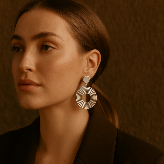Model wearing the Kolo earrings, showcasing how the spiral form catches the light while remaining bold and refined