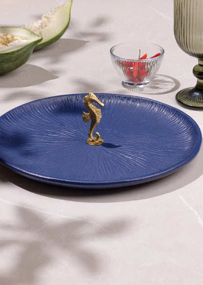 Mirissa Brass Platter Gift Set | Handcrafted Stoneware Platter with Seahorse Tong