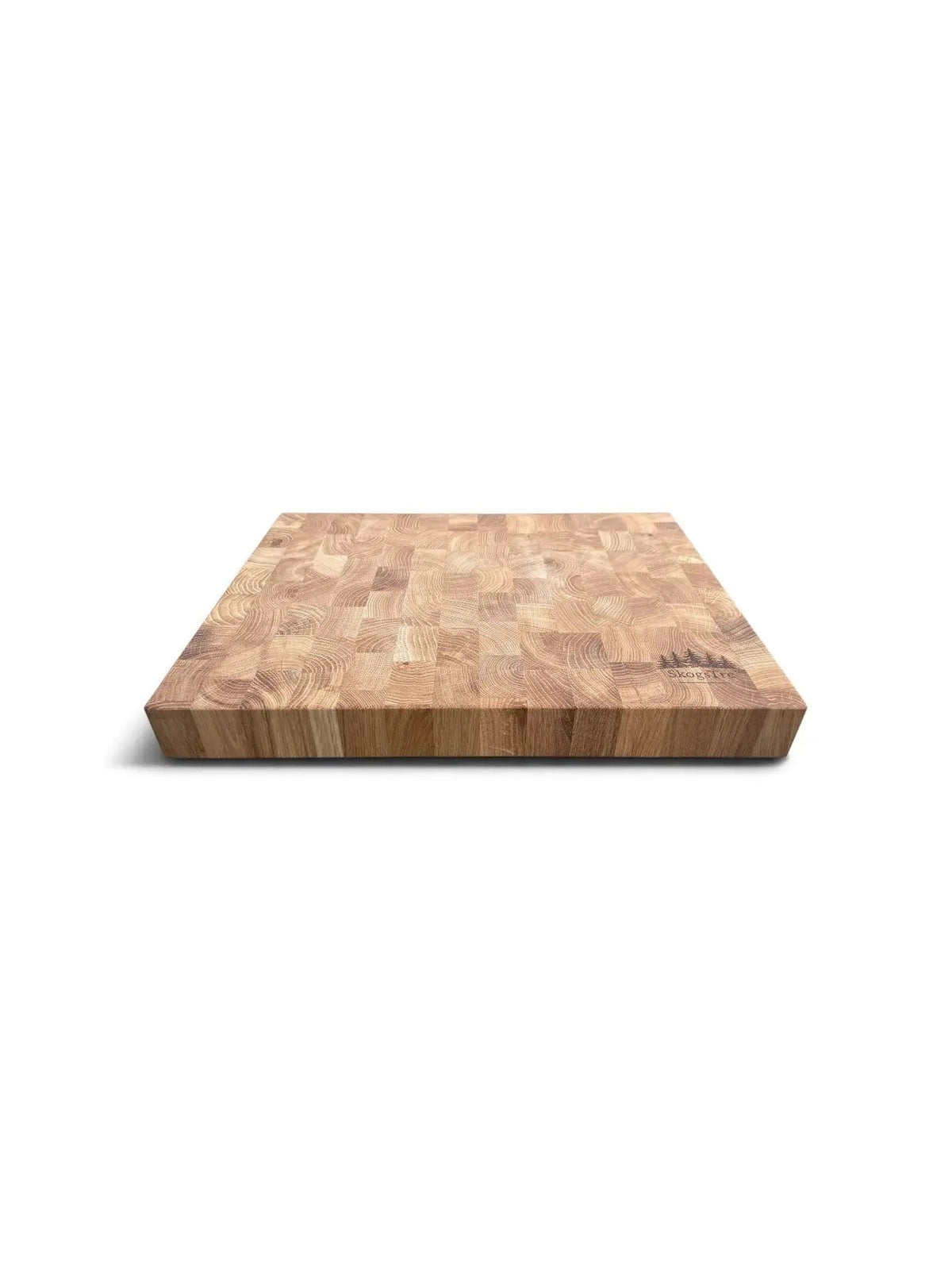 A square wooden cutting board with a natural block pattern, shown from a high angle on a white background.