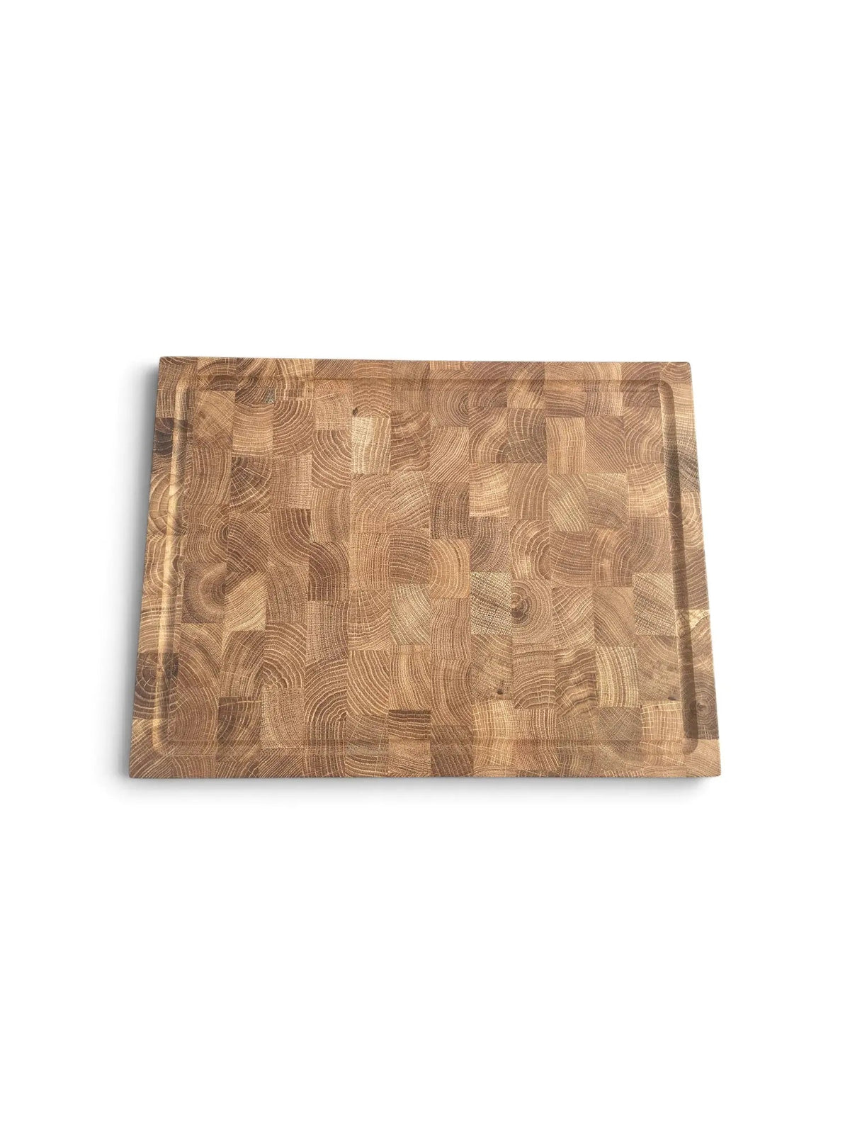 A square wooden cutting board with a mixed-grain butternwood pattern, featuring a raised rim, shown on a plain white background.