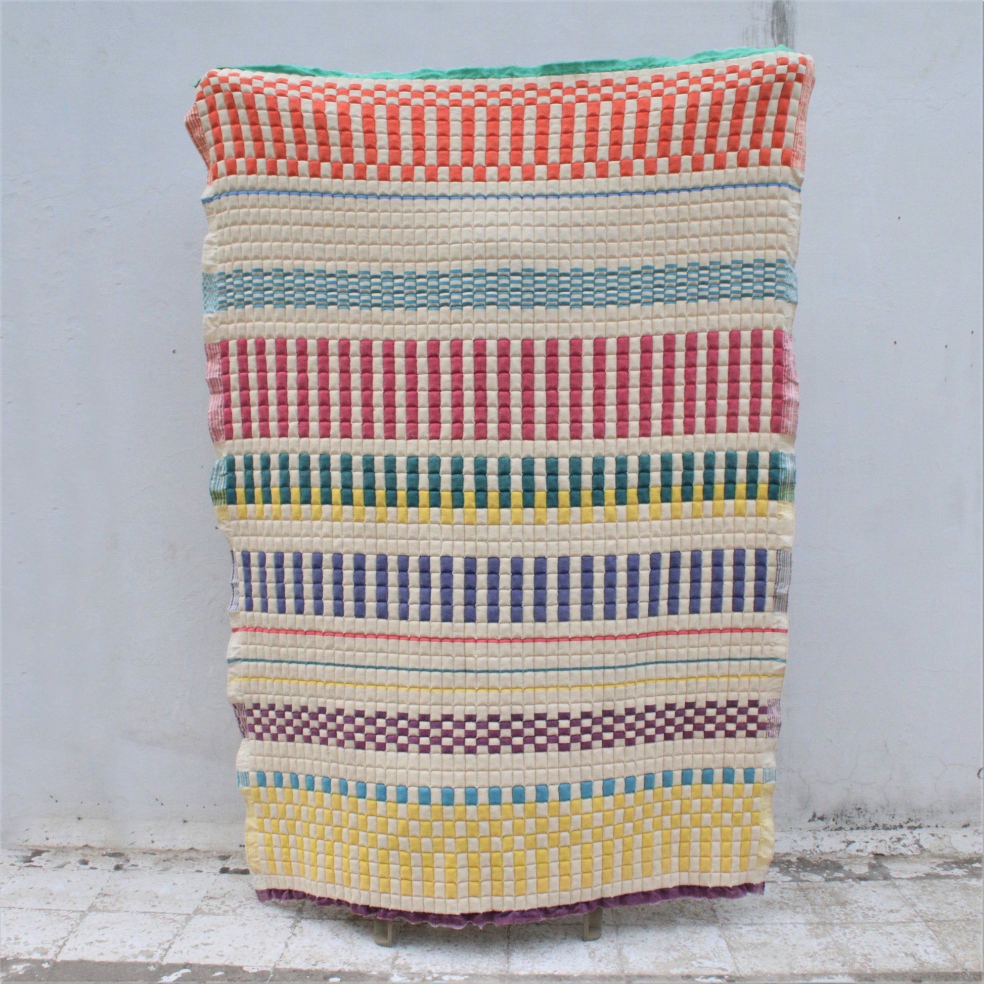 Square Blocks patterned Sujni quilt in multicolour, single size 132cm x 203cm, handcrafted with traditional design.