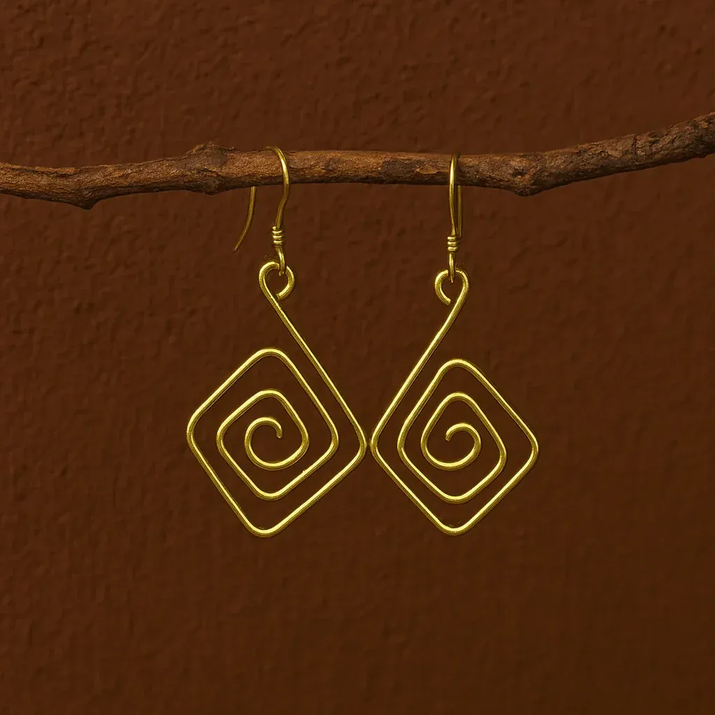 Gold spiral earrings hanging on a branch against a brown background