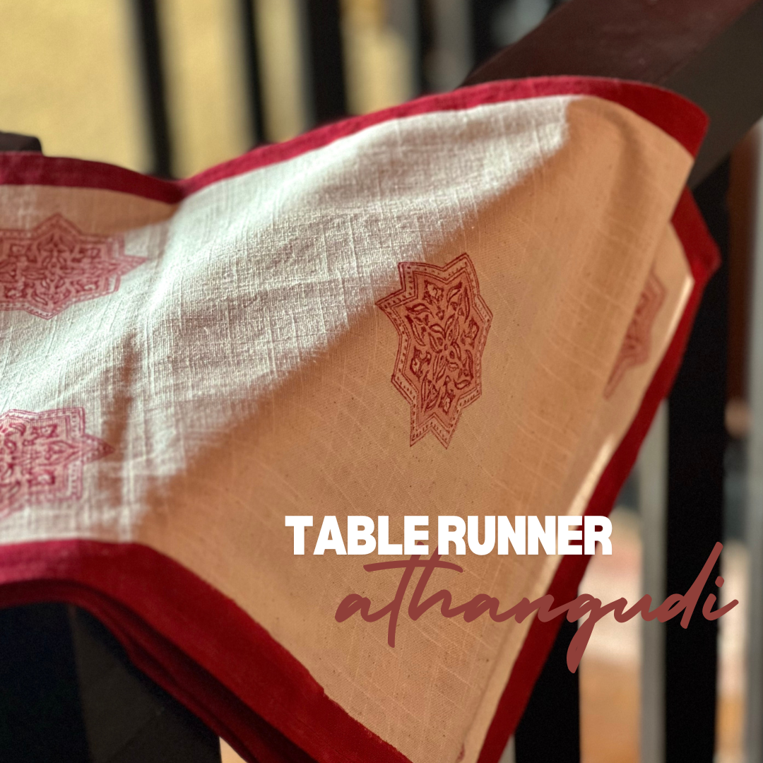 Athangudi linen table runner – red block print design, 33cm x 214cm, handcrafted, rustic home decor, Christmas table setting, aesthetic dining decor