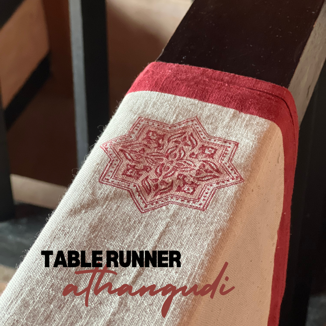 Athangudi linen table runner – red block print design, 33cm x 214cm, handcrafted, rustic home decor, Christmas table setting, aesthetic dining decor