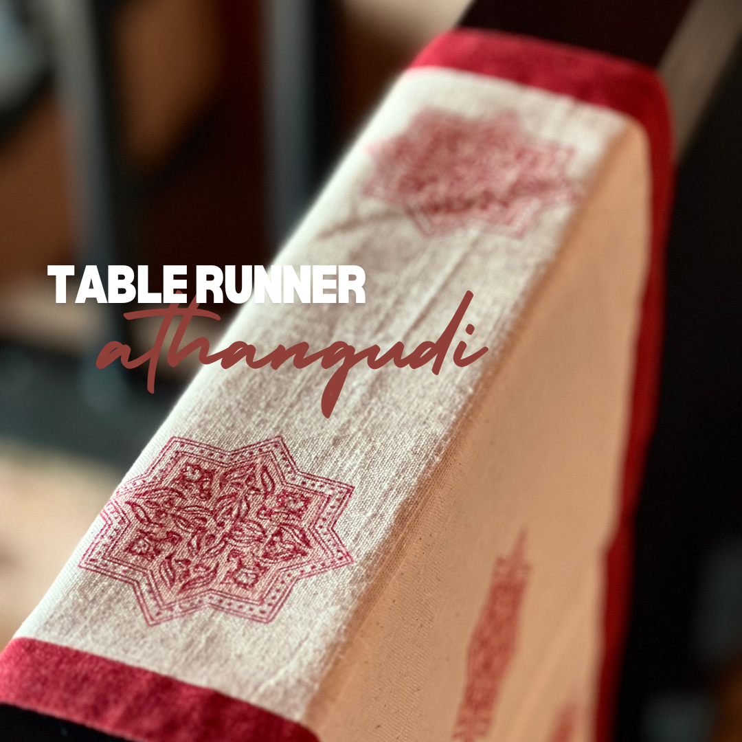 Athangudi linen table runner – red block print design, 33cm x 214cm, handcrafted, rustic home decor, Christmas table setting, aesthetic dining decor