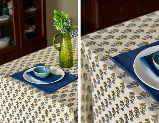 Nargis Blue & Beige Linen Tablecloth - 152cm x 238cm, Handmade, Perfect for Summer Decor, Eco-Friendly and Sustainable, Ideal for Dining Table, Rustic Elegance.