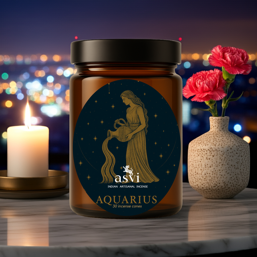 Incense jar with Aquarius design, candle, and flowers on a blurred cityscape background