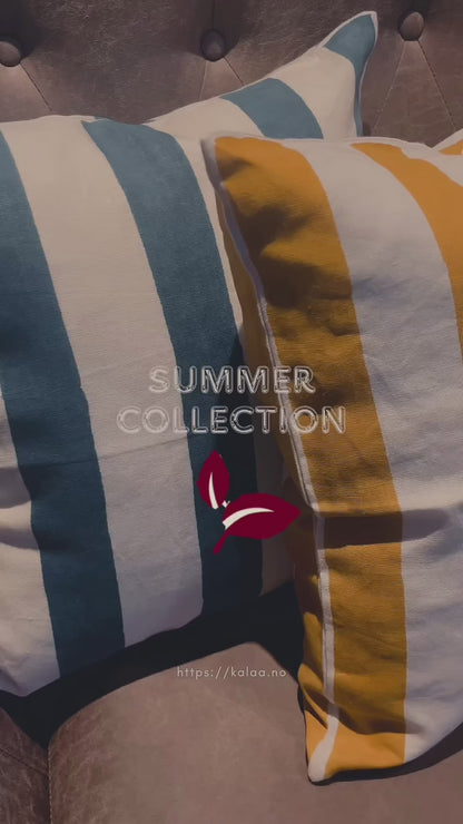 Yellow & White Striped Pillow Cover | Hand Block Printed 100% Linen (45cm)